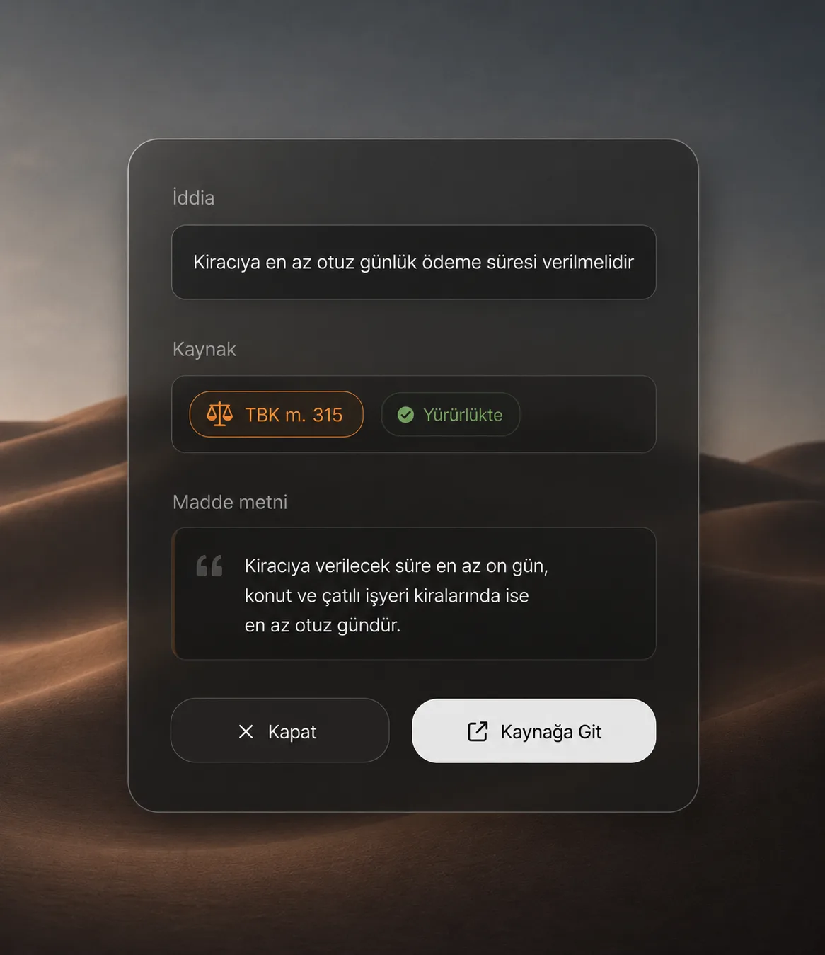 Yeldan Legal verified information screen: clickable statute and decision citations