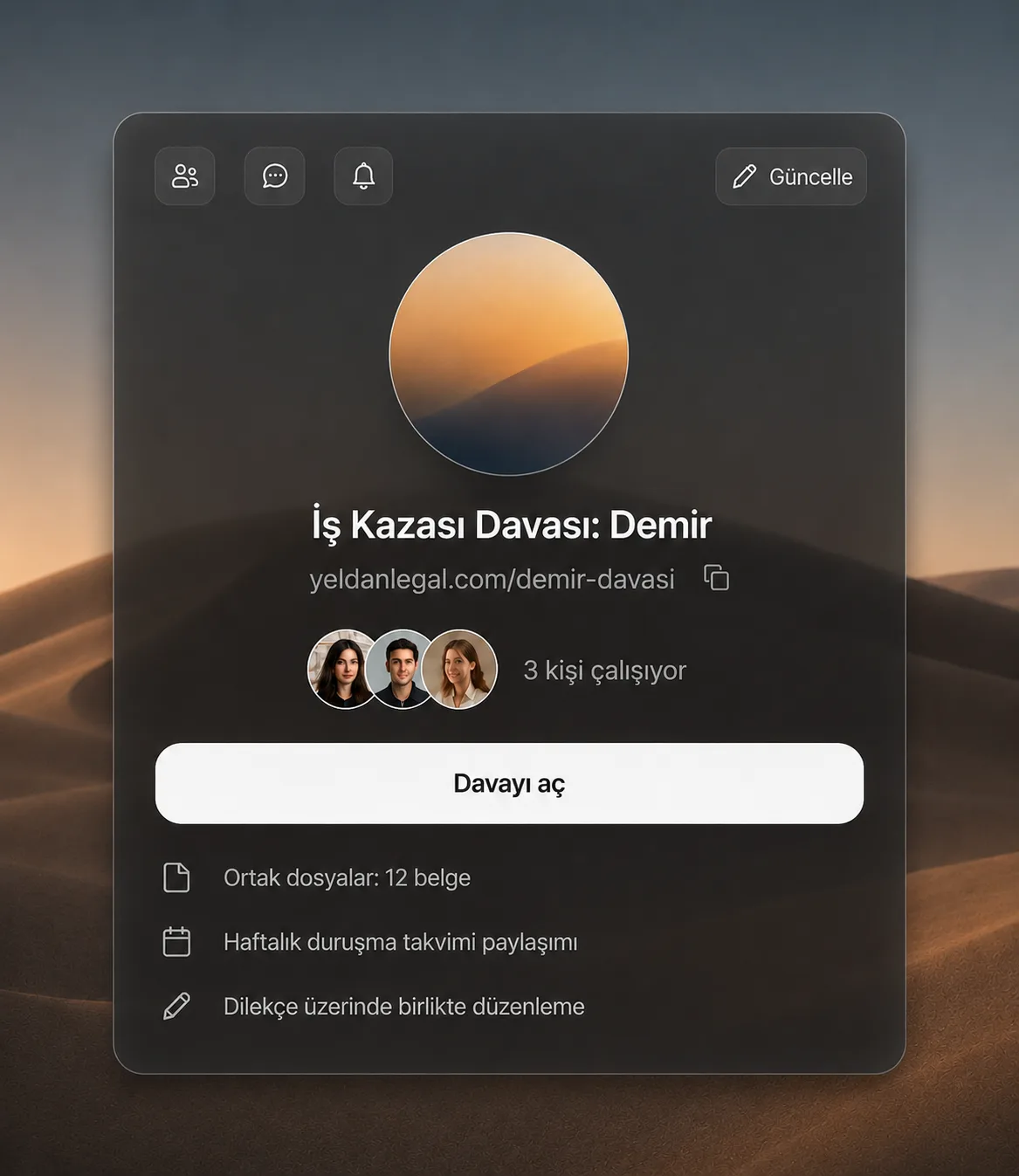 Yeldan Legal teamwork screen: collaborating on a case file