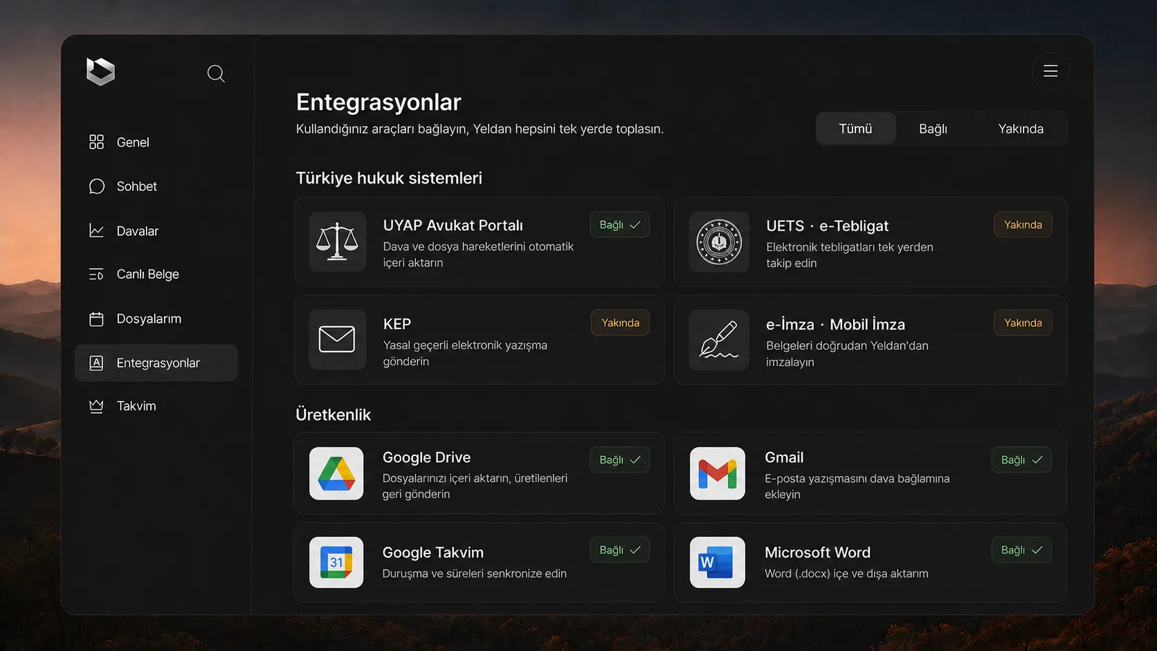 Yeldan Legal team and integrations screen